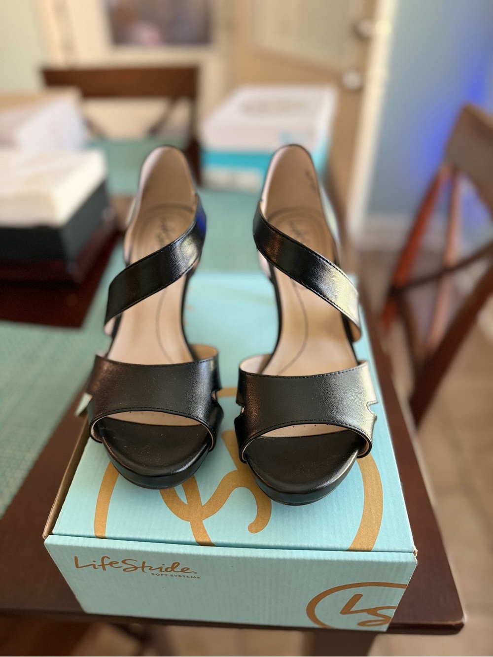Life Stride Black Open-Toe Cross-Strap Heels